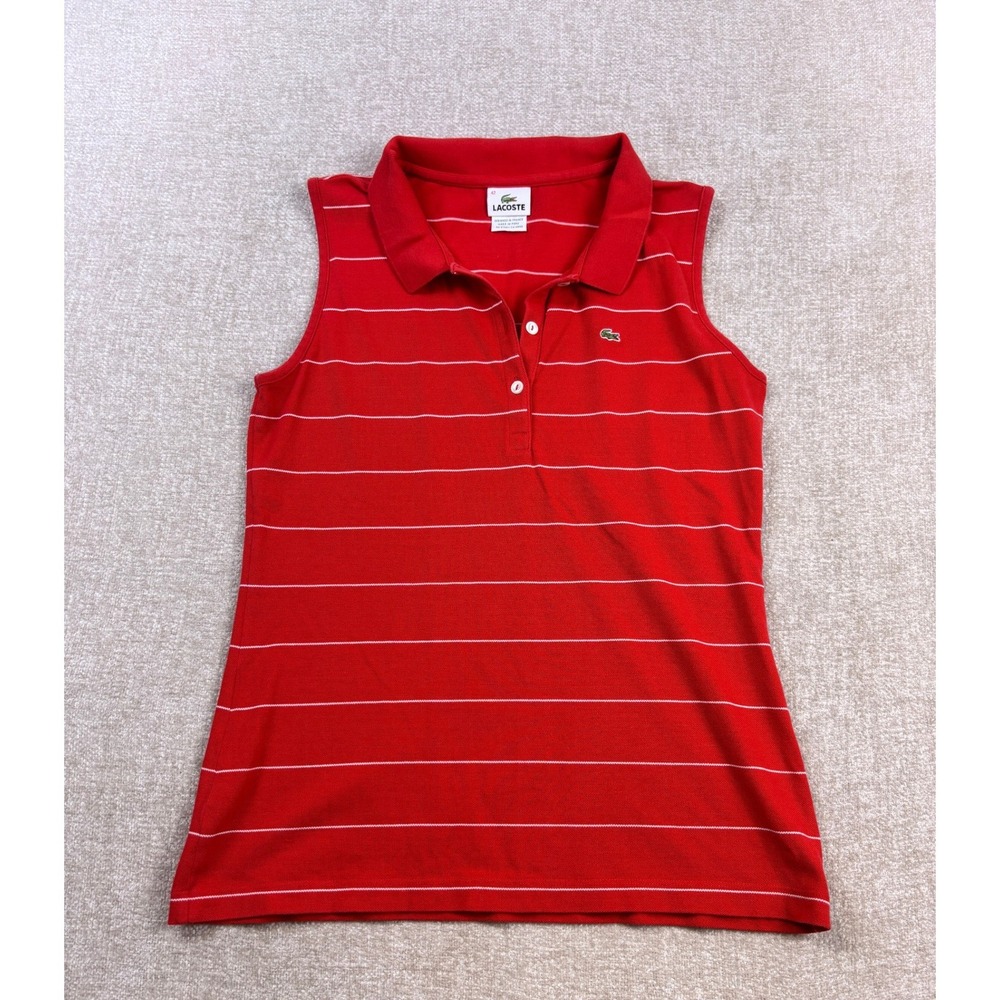 Lacoste Womens Sleeveless Striped Polo Shirt Red White Size 42 5321L Small
